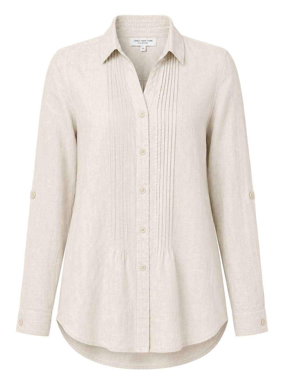 JONES NEW YORK | 100% Linen Pintuck Roll Tab Button Shirt Beige Classic | XL